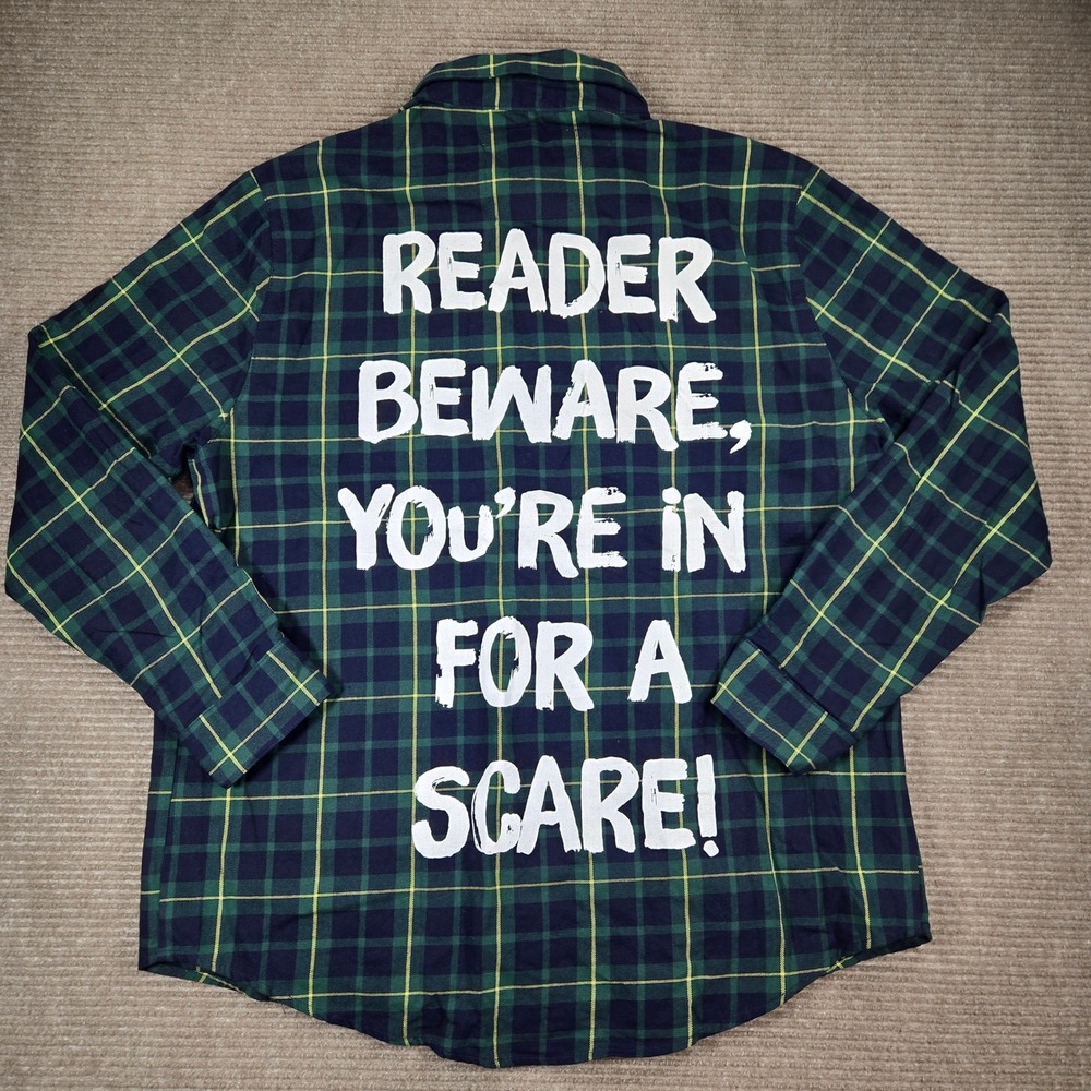Cakeworthy Unisex Large Green Goosebumps Reader Beware Plaid Flannel Shirt